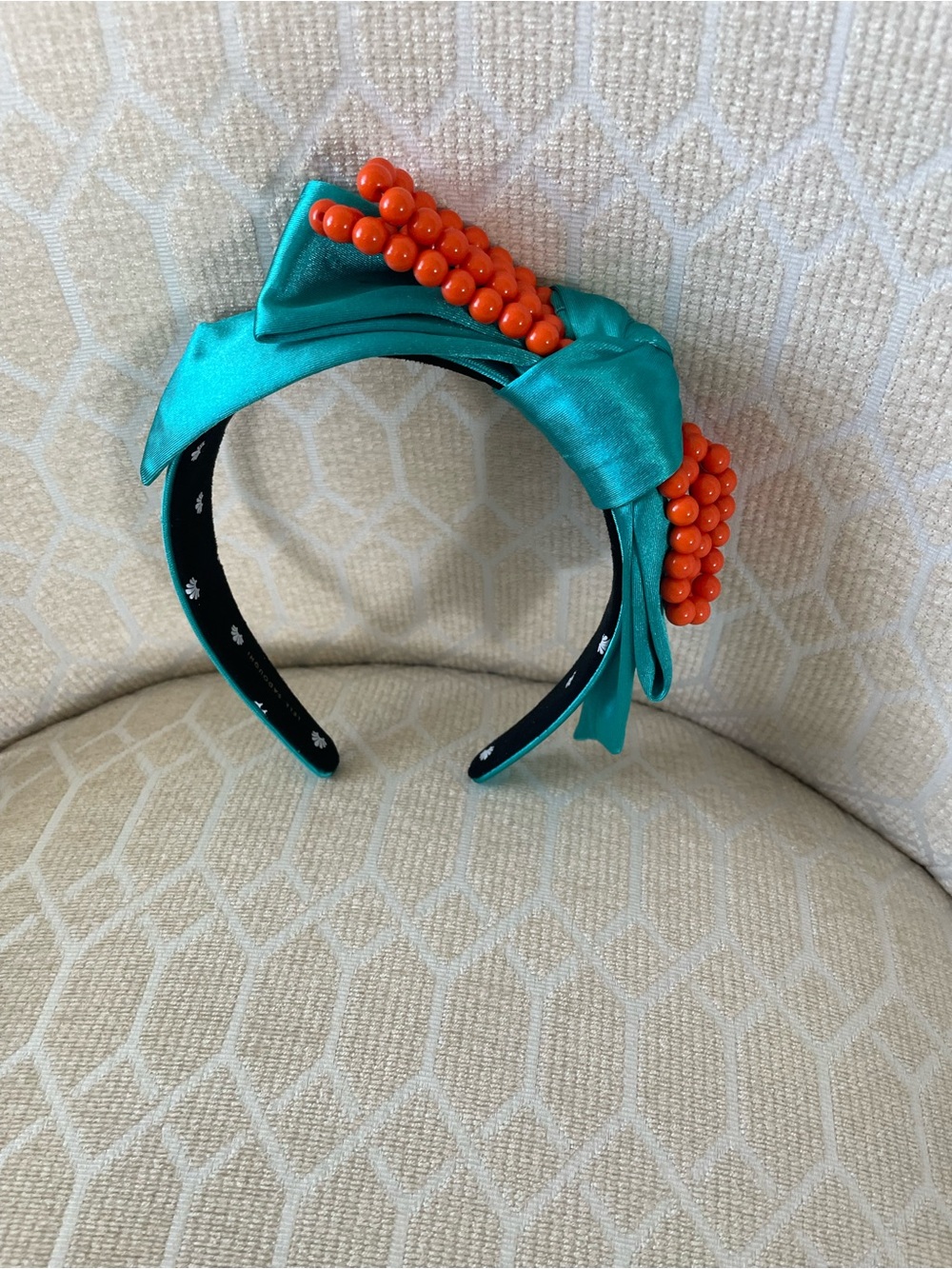 Lele Sadoughi Teal Satin Headband with Orange Beaded Bow One of a kind